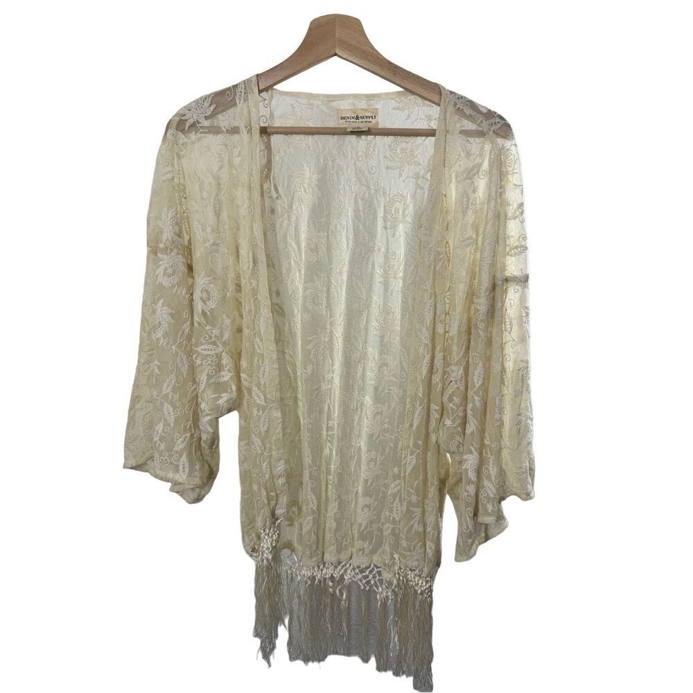 Denim & Supply Ralph Lauren Gold Lace Tasseled Kimono Size L Sheer Cardigan